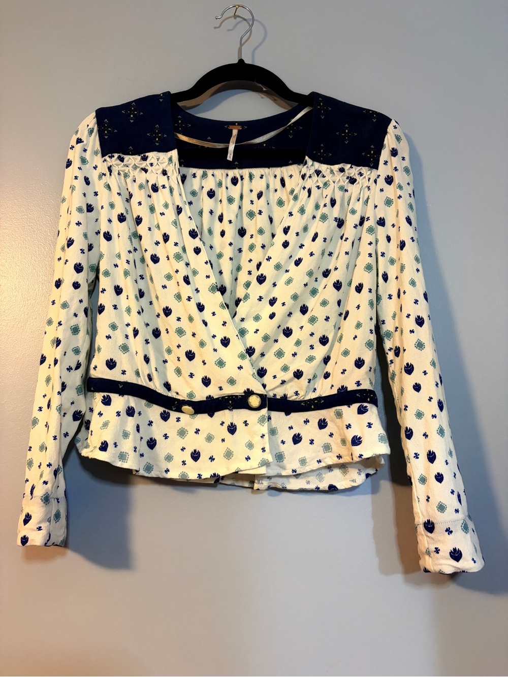 Free People Cream Blouse with Navy Trim and Teal Accents